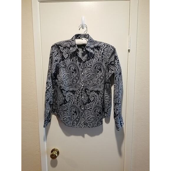 Ralph Lauren Chaps Shirt Top Womens Petite Medium Black White Paisley Button - Picture 2 of 7